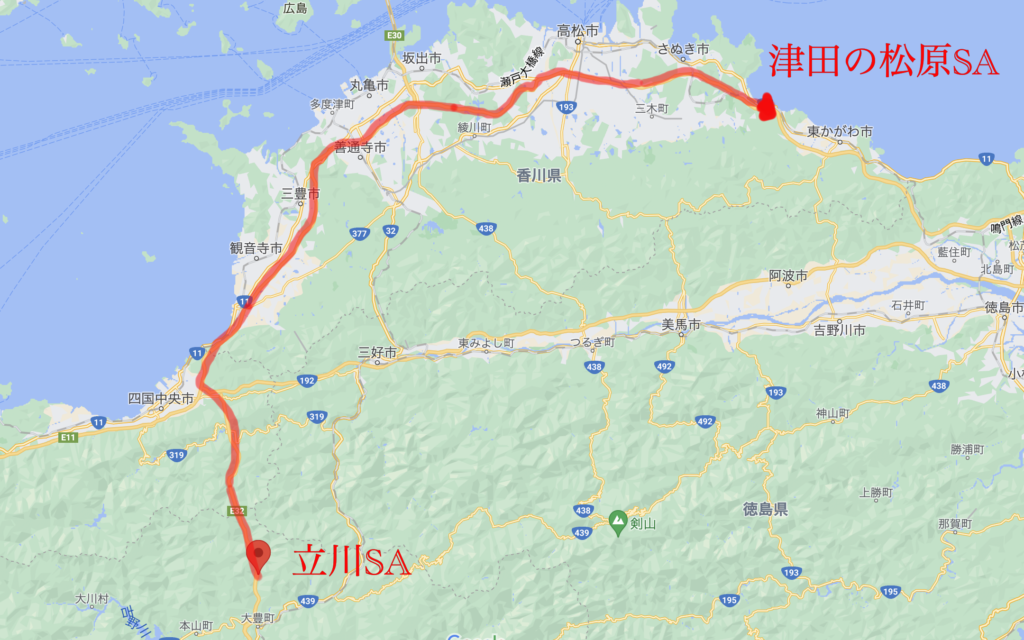 津田から立山の地図